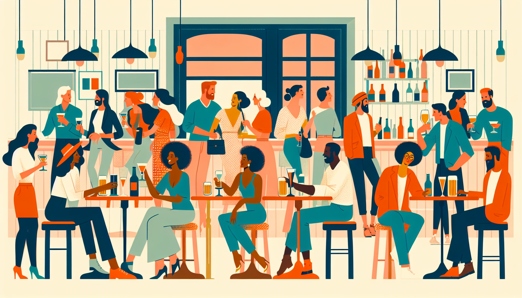 Illustration of people mingling at a bright modern bar during a team happy hour